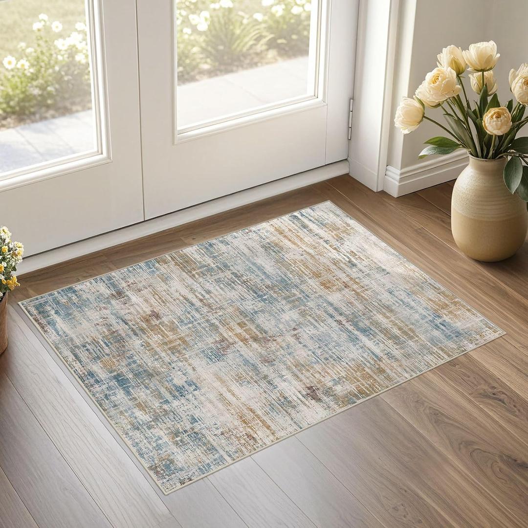 UERMEI 2x3 Entryway Area Rugs: Washable Neutral Abstract Small Rug Door Mat Non-Slip Soft Low Pile Indoor Carpe for Entrance Kitchen Front Door Bathroom Entry Kids Room - Blue Brown