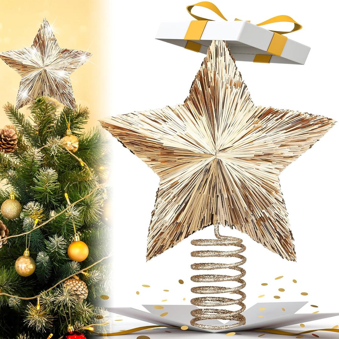 Gejoy 8.2 Inch Champagne Christmas Star Tree Topper Large Gold Bethlehem Star Topper with Glitter Sequin Xmas Holiday Ornament Decoration for Christmas Tree