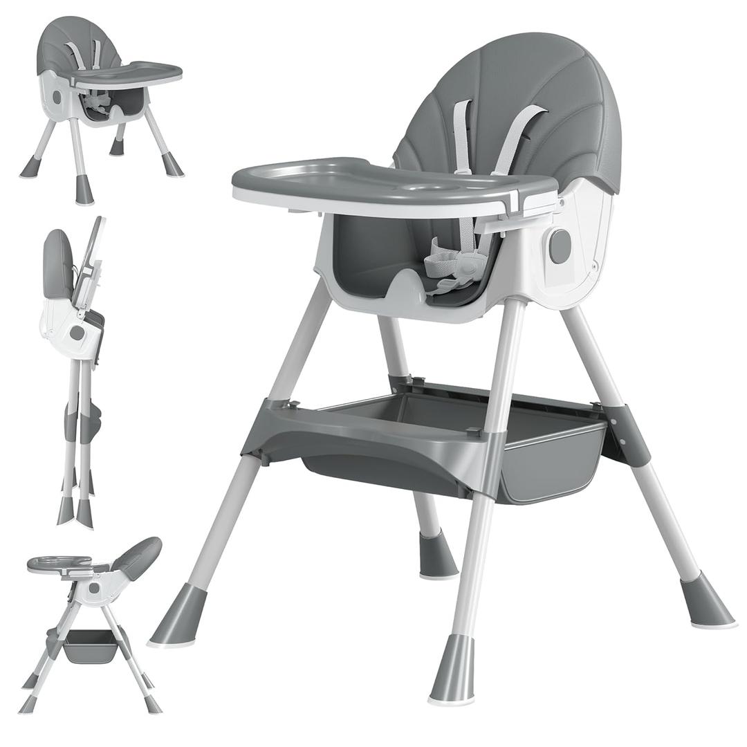 Baby High Chair, 5 in 1 High Chairs for Babies and Toddlers, Travel Foldable High Chair with Foot Rest, Detachable PU Cushion, Double Removable Tray, Adjustable Height & Recline (Grey)