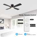 WINGBO 48 Inch Flush Mount DC Ceiling Fan with Lights and Remote, 4 Reversible Carved Wood Blades, 6-Speed Noiseless DC Motor, Hugger Ceiling Fan in Black Finish, Low Profile Ceiling Fans, ETL Listed