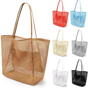 VOROLO Mesh Tote Beach Bag,Women Fairycore Hobo Bag,Shoulder Bag,Soft Summer Casual Crochet Bags (Khaki)
