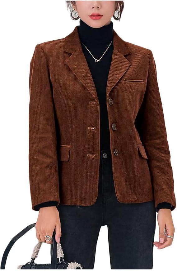 Corduroy Casual Blazer for Women's Lapel Collar Button Front Long Sleeve Vintage Business Jacket, XL