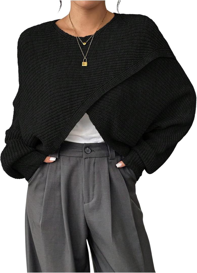 Verdusa Women's Lightweight Asymmetrical Wrap Fall Sweater Tops Old Money Puff Sleeve Cropped Sweaters Coat (Black, XS)