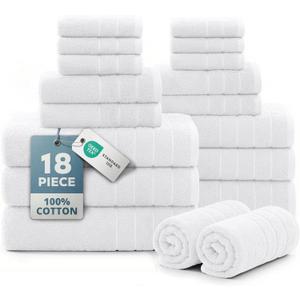 CASA PLATINO 100% Cotton Bath Towel Set 18 Pc - Super Soft, Absorbent & Quick Dry - 6 Bath, 6 Washcloths, 6 Hand Towels for Bathroom - Hotel Quality Turkish Towels, Ideal for Spa, Gym & Travel - White