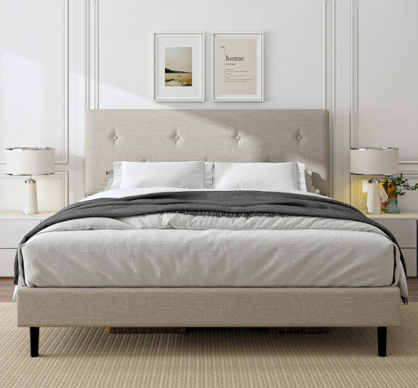 Full Size Linen Bed Frame, Upholstered Platform Bed Frame with Adjustable Headboard, Wooden Slats Support, No Box Spring Needed, Easy Assembly, Beige 
