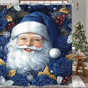 Christmas Santa Claus Shower Curtain 60Wx72L Winter Royal Blue Xmas Flower Holiday Bathroom Set Accessories Decor with 12 Pack Hooks