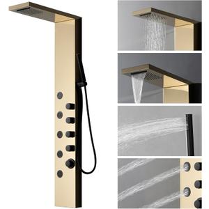 Homevacious Shower Panel Tower System with Rainfall Shower Head,5 Body Jets and Handheld Shower Head, Modern Massage Shower System Polished Gold and Black