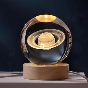 3D Laser Engraved Saturn Crystal Ball 60mm, Glass Ball, K9 Crystal Glass, with Wood Base, Glass Gifts for Women