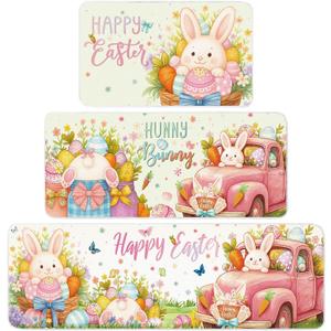 3 Pcs Easter Kitchen Rug and Mat Set Bunny Kitchen Floor Mats Waterproof Non Slip Farmhouse Easter Doormat Holiday Decor for Home Office Bathroom Party Decor