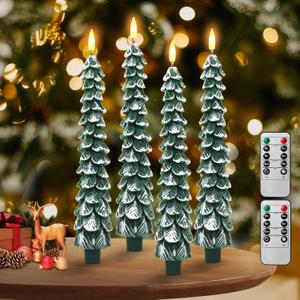 Flameless Candles with Remote  4 Pack Christmas Tree Candles, Battery Operated Snowy Tree Design, 3D Flickering Flame, Safe Holiday Home Decor for Christmas Decorations & Gifts