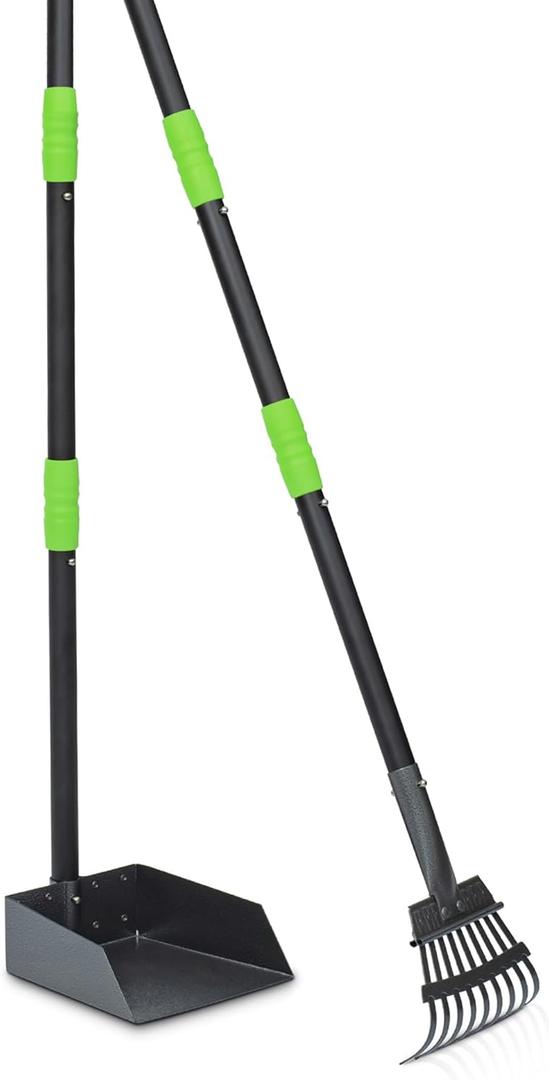 Niubya Pooper Scooper for Dogs, Metal Poop Scooper Tray and Rake Set with Adjustable Long Handle, Dog Pooper Scooper for Pet Waste Removal (Black & Green)