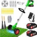 Electric Weed Wacker Eater Cordless, Weed Wacker Battery Powered, Weed Trimmer with 2 21V/2Ah Battery Operated & 15 Blades & Wheels, No-String Grass Trimmer/Brush Cutter/Edger for Garden Yard