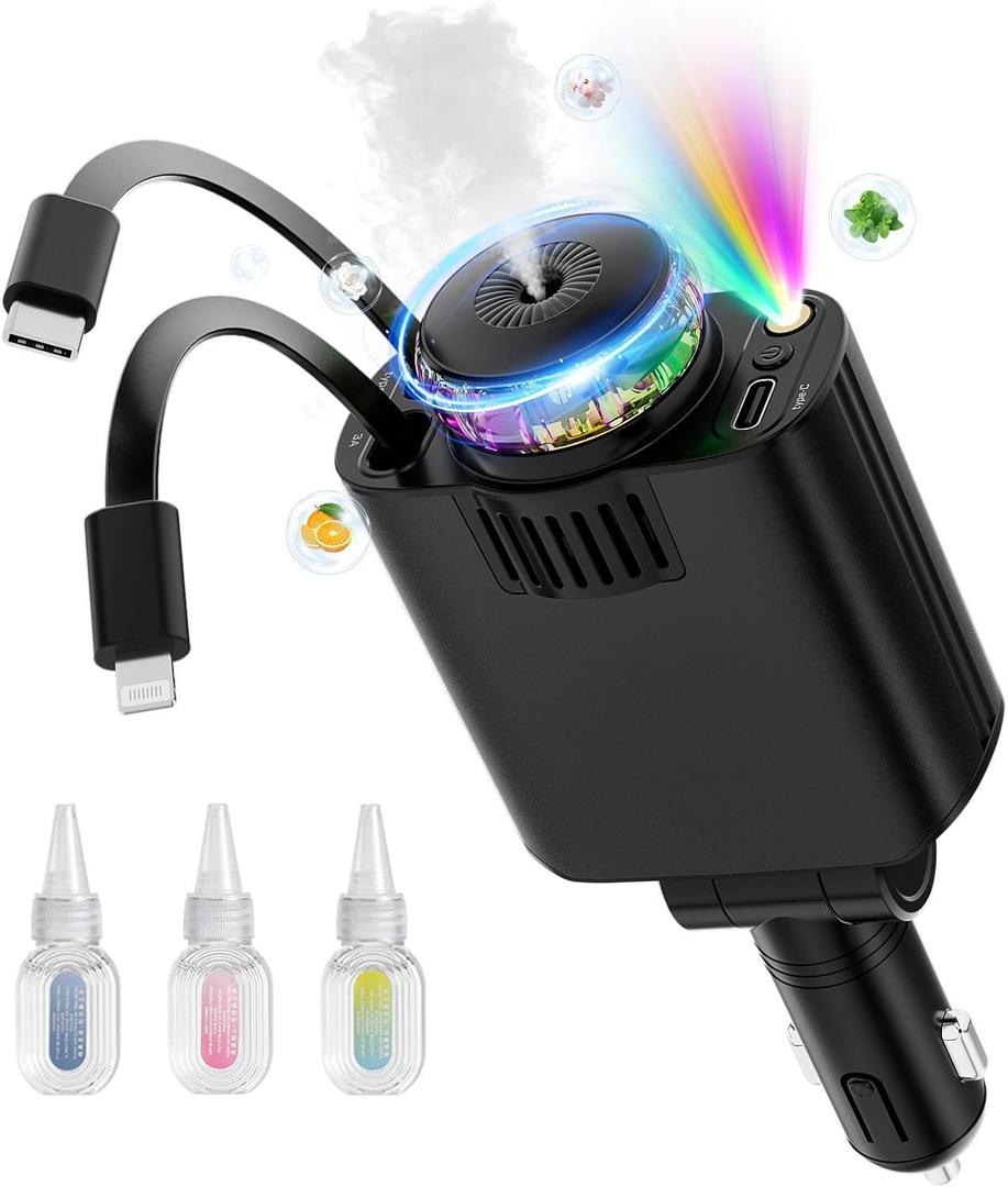 Retractable Car Charger with Aromatherapy and Starlight, 5 in 1 USB C Car Charger for iPhone 16 15 14 13 12 11, Fast Charging Compatible with iPhone Android (Black)