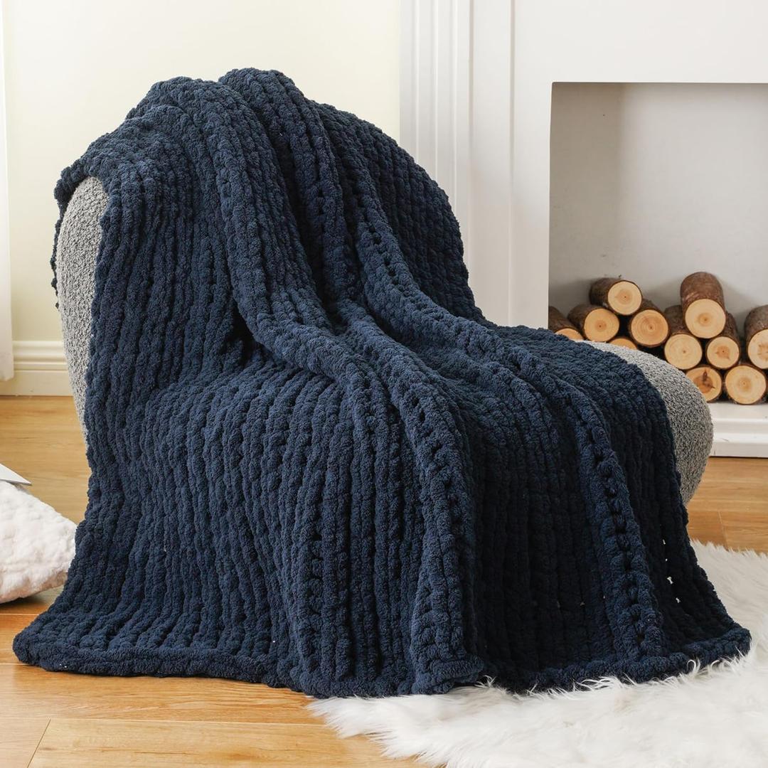 Battilo Navy Chunky Knit Throw Blanket, Soft and Thick Navy Blue Chenille Throw Blanket, 50"x60" Handmade Cable Knit Crochet Blanket, Rope Knot Knitted Throw Blankets for Couch Home Decor, Navy