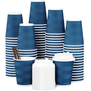 JOLLY CHEF 100 Pack Disposable Coffee Cups, 12oz To Go Paper Coffee Cups with Lids and Stirrers for Hot Beverage