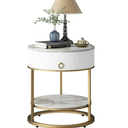 ASYA White End Table with Drawer, 2-Tier Sofa Side Table, 21.65’’Round Nightstand for Bedroom, Metal & Stone