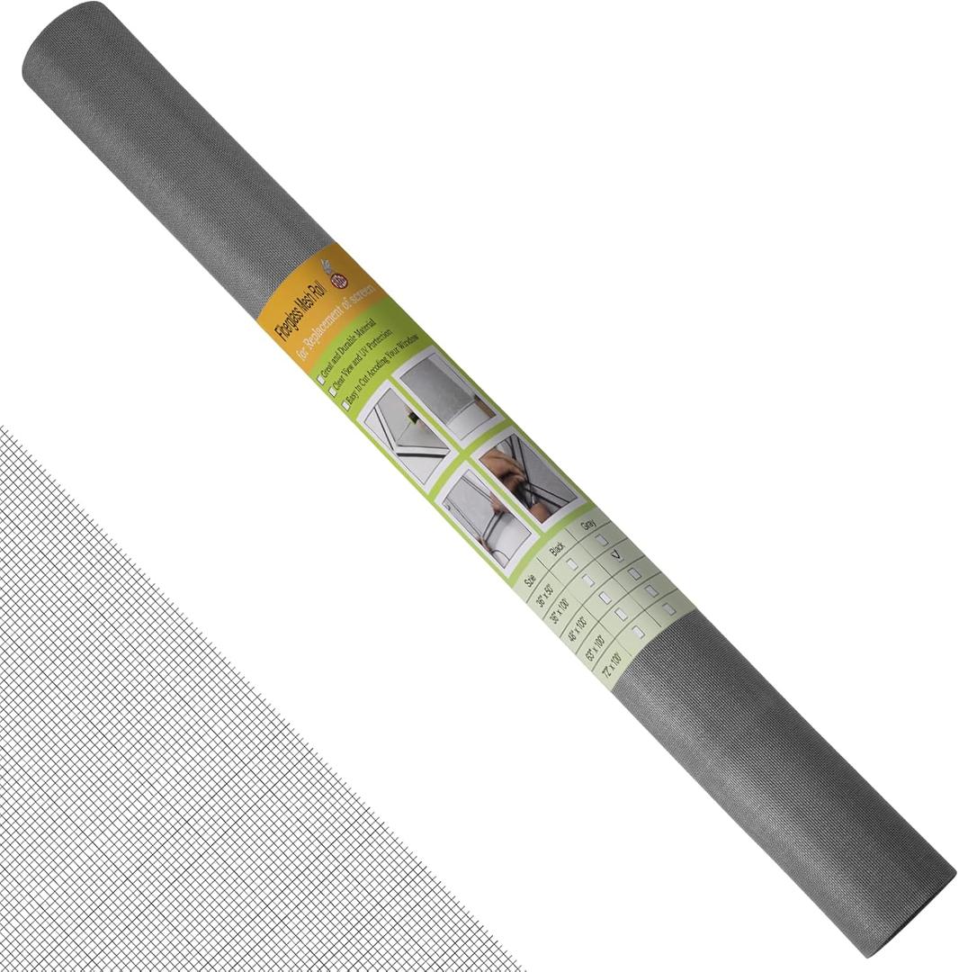 FLYZZZ Window Screen Mesh Screen Door Mesh Roll DIY Window Screen Replacement Mesh Nets (Grey, 48''X100')