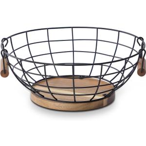 Fruit Basket Bowl for Kitchen Counter - Metal Basket with Acacia Wood BaseFruit and Vegetable Storage Basket (Single 12*12*4)