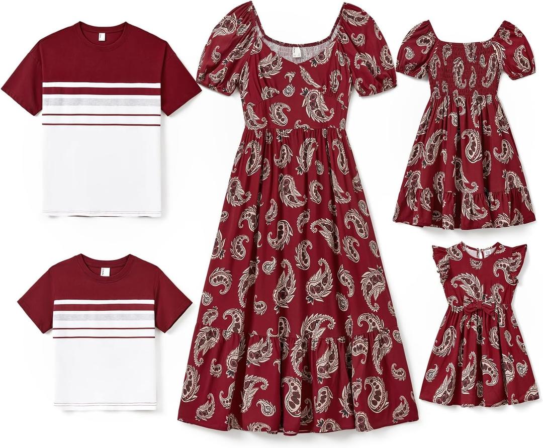 PATPAT Family Matching Summer Outfits, Mommy and Me Matching Shirts Dresses Paisley Print Matching Dresses for Family (X-Large, Burgundy)