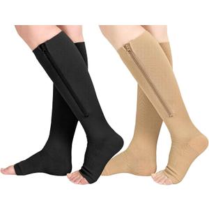 Athbavib 2 Pairs Compression Socks for Women & Men with Zipper 15-20 mmhg, Wide Calf Open Toe Plus Size Compression Socks Men, Knee High Compression Stockings for Flying Nurses Pregnant Women Travel (Large-X-Large)