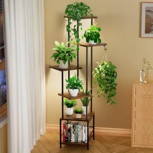Plant Stand Indoor with Grow Light, 6-Tiered Tall Plant Stand Indoor, Metal Plant Shelf with Hanging Basket Hook and Adjustable Light, Ideal for Living Room, Garden, Patio, Brown and Black