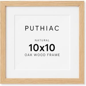 puthiac 10x10 Solid Oak Wood Picture Frame, Fits 6x6 with Mat or 10x10 Without Mat, Wall Display Only, Plexi Front, 1 Pack, Natural Oak