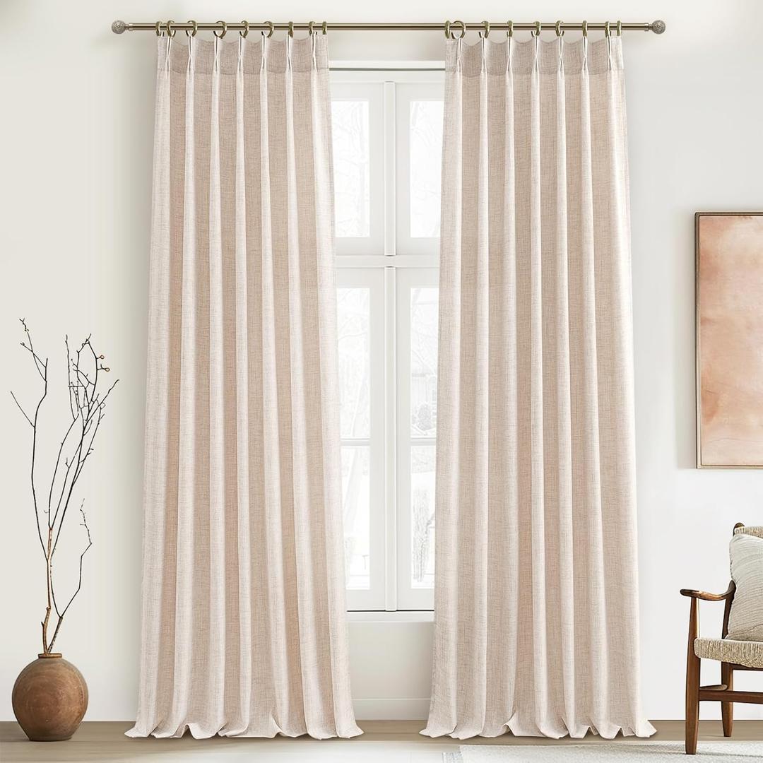 PleatedDrapes Modern Farmhouse Style Light Filtering Curtains for Living Room/bedroom, Country Rustic Oatmeal Beige Brown Curtains 108 Inches Long Flax Linen Pinch Pleated Sheer Canvas Muslin 2 Panels