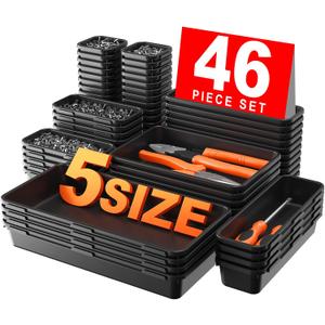 A-LuGei & 5 Size Tool Box Organizer Tray Divider Set, Black Bathroom Drawer Organizer Bin, Garage Organization and Storage Toolbox Rolling Tool Chest Cart Cabinet WorkBench Small Part