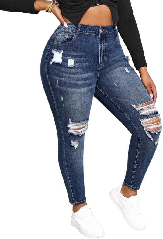 ALLABREVE Womens Plus Size Skinny Jeans Stretchy High Waisted Ankle Jean Ripped Slim Fit Washed Denim Distressed Tight Jean (X-Large, Dark Blue 052)