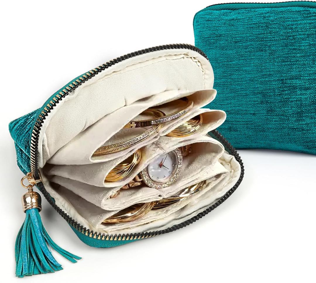 LOTOFUN Jewelry Organizer Case for Travel: 5-Layer Velvet Zipper Pouch Bag for Bangles Link Bracelets Storage Protect from Tangle Scratch (Peacock Blue)