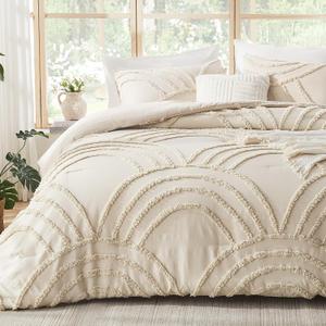 ENJOHOS Boho Comforter Set 3PC, Full Size, Beige, Dorm Bedding Sets for College Girls, Tufted Rainbow Design, Fluffy Lightweight Breathable Microfiber Comfoter