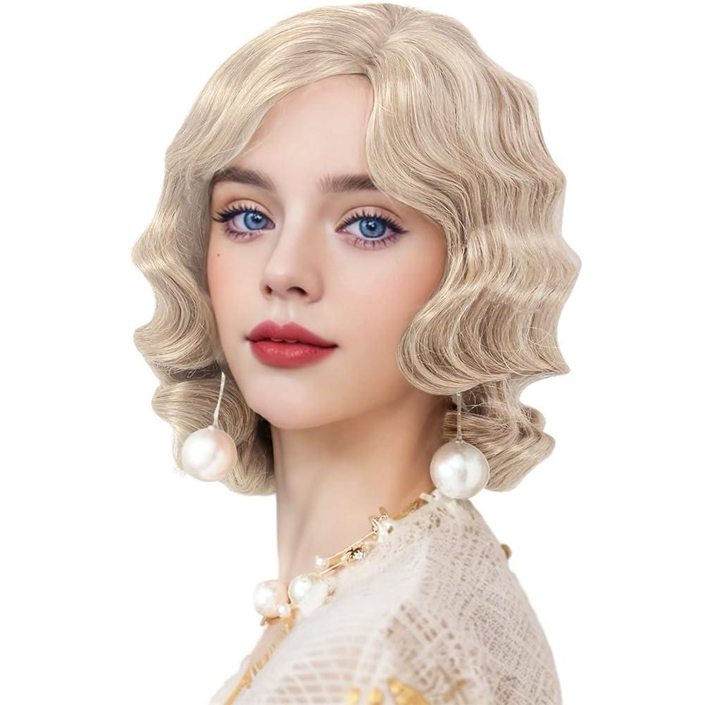 Blonde 1920s Wig for Women Long Finger Wave Party Hair Synthetic Full Vintage Blonde Wigs for Womens Lady Cosplay Costume Fancy Dress Flapper Wig