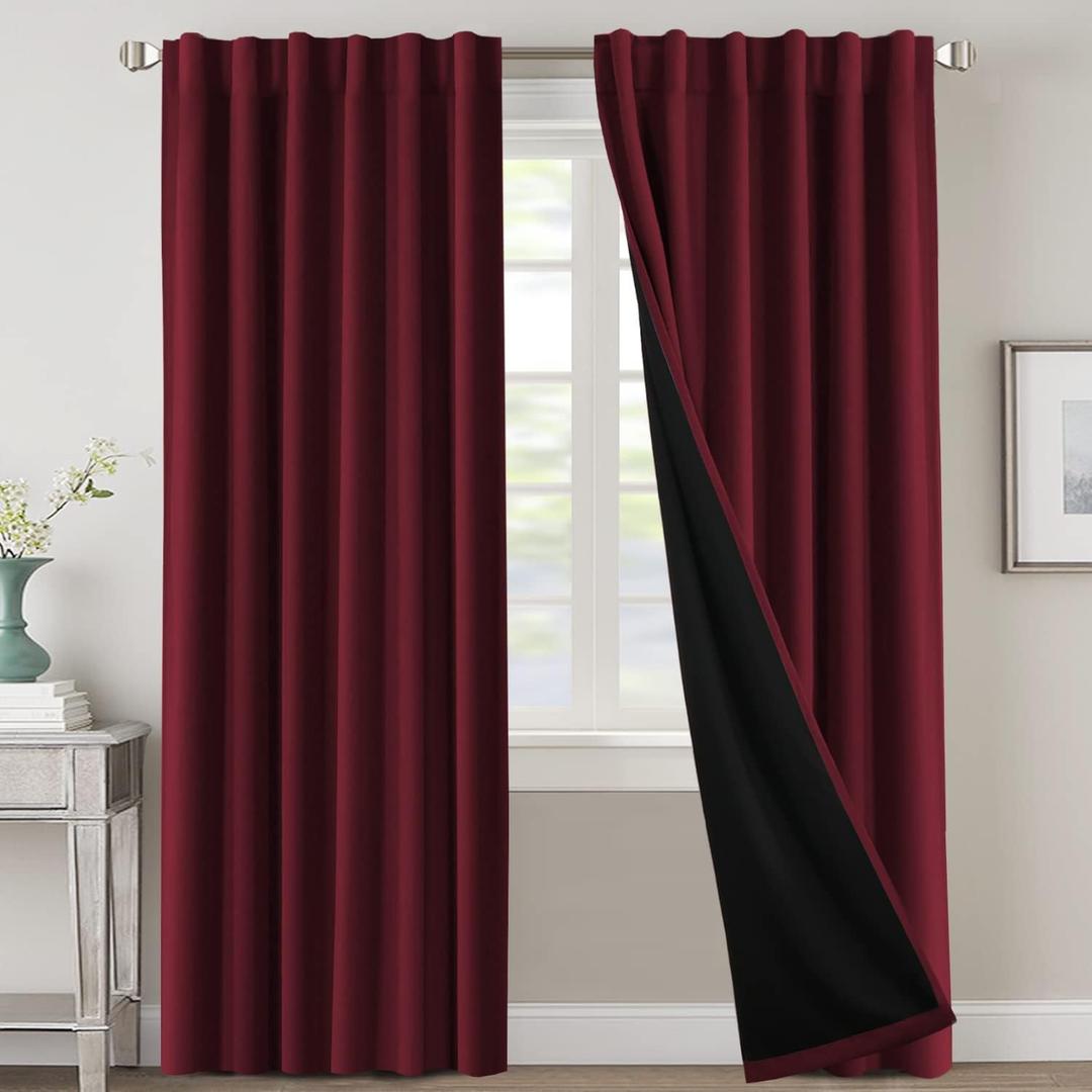 H.VERSAILTEX 100% Blackout Curtains for Bedroom with Black Liner Full Room Darkening Curtains 96 Inches Long Thermal Insulated Back Tab/Rod Pocket Window Drapes for Living Room, 2 Panels, Burgundy, 52"W x 96"L