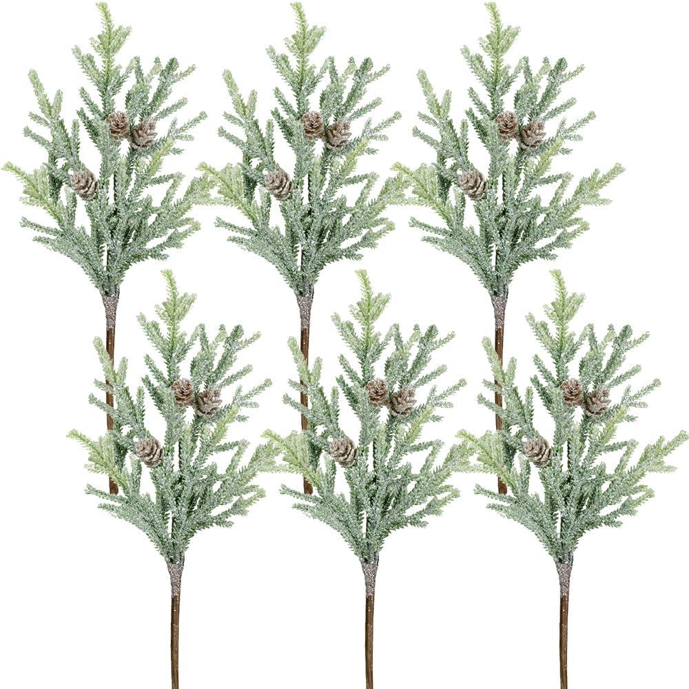 Winlyn 6 Pack Frosted Artificial Cypress Pine Stems Snowy Glittered Pine Spray with Mini Pinecones for Christmas Holiday Greens Seasonal Floral Arrangement Centerpiece Winter Wedding Dcor 13.8" Tall