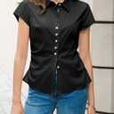 Cicy Bell Womens Summer Button Down Shirts Short Sleeve Petite Blouses Tops | Slim Fit, Casual Dressy, Ruched, Going Out (Black, S)