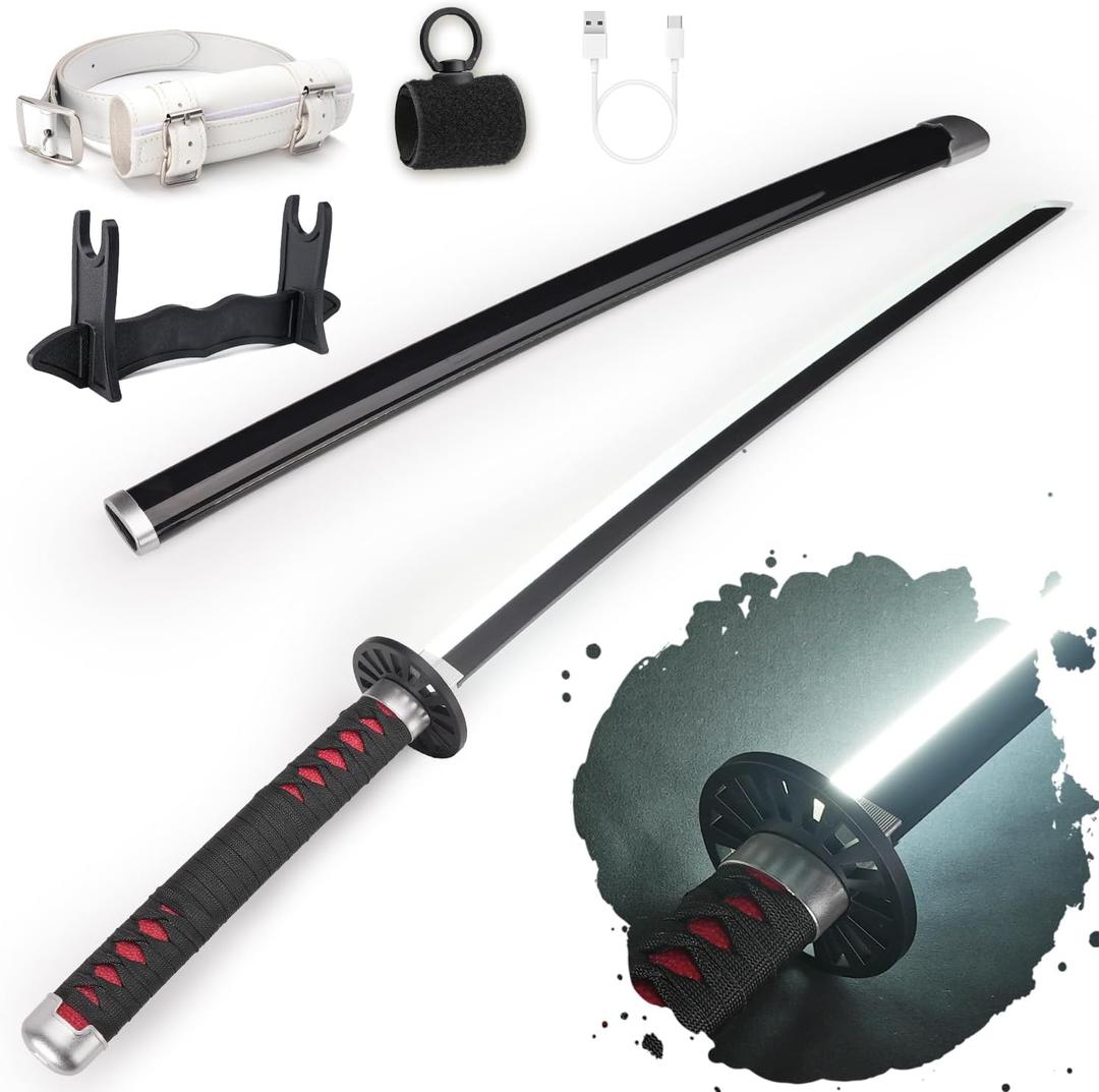 RENGENG Light Up Sword, 40 Inches Rechargeable Plastic Replica with Belt & Stand, Sword with Original Texture (Kamado Tanjiro)
