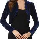 Allegra K Women's Cocktail Party Open Front Cardigan Long Sleeve Cropped Velvet Shrug Top S Dark Blue