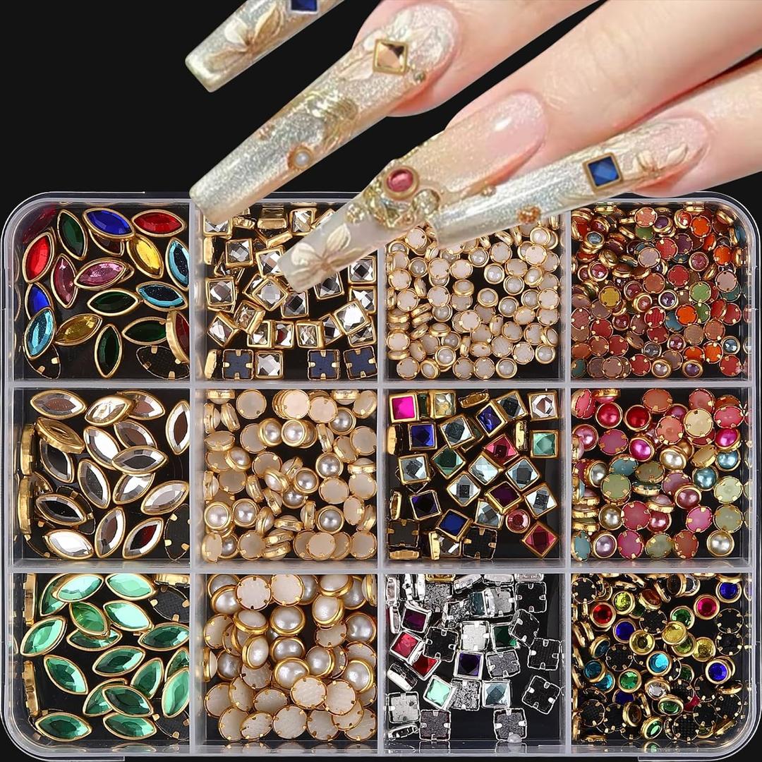 Nail Diamonds Rhinestones Luxury 3D Nail Charms Multicolored Mixed Shape Nail Art Studs Gems Colorful Flat-Back Vintage Pendants Nail Art Charms for DIY Crafts Nail Decor 12Grids