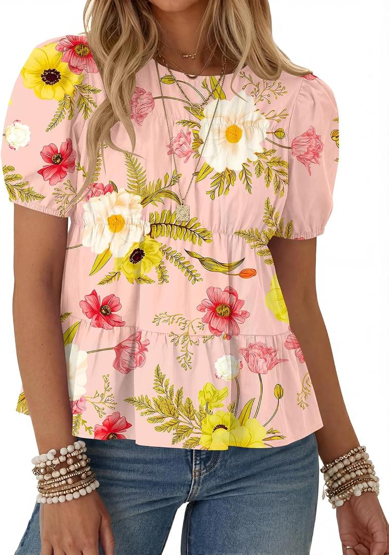 Rapbin Womens Summer Tops Round Neck Blouses Loose Puff Short Sleeve Cute Babydoll Tops Casual Dressy T-Shirts 2026（Pink Floral XL） (XL)