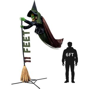 Halloween Animatronics Flying Witch Decorations Outdoor, 11ft Animated Floating Witch with Sound & Motion Activated, Creepy Talking Sound, Light Up Eyes, Spooky Haunted Horror Prop for Yard Lawn