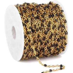 33 Feet Gold Enamel Chains Bulk, 2mm 18K Gold PVD Plated 304 Stainless Steel Black Enamel Beaded Cable Link Chain Roll Spool for Jewelry Making