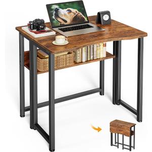 Huuger Folding Desk with Storage Shelf, 23.6 Inch Foldable Computer Table for Small Spaces, Space Saving Sofa Table for Couch, Writing Work Office Computer Desk, Easy to Fold, Rustic Brown, 18.5"d X 23.6"w
