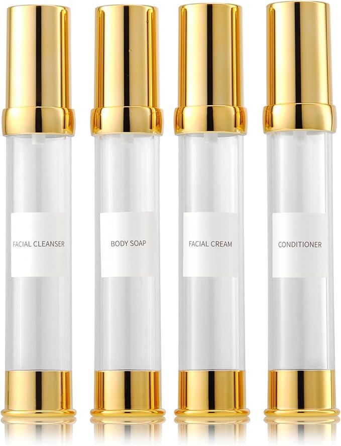 Gold airless bottle travel suit, with a box of refillable empty cosmetic vacuum bottles, used for hand sanitizer, toner, foundation make-up, hair oil, lotion, face cream (1oz/30ml, 4 packs)