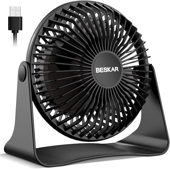 BESKAR USB Small Desk Fan, Portable Fans with 3 Speeds Strong Airflow, Quiet Operation and 360°Rotate, Personal Table Fan for Home,Office, Bedroom - 3.9 ft Cord