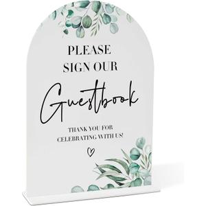 Greenery Please Sign Our Guestbook Sign, 8 x 11 Inch White Arch Acrylic Wedding Sign with Holder, Wedding Sign for Ceremony and Reception, Wedding Decoration, Wedding Supplies - H20