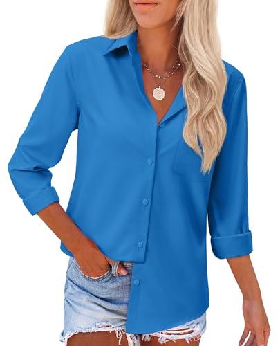 siliteelon Button Down Shirts for Women Dress Shirts Long Sleeve Wrinkle Free Work Office Fitted Cotton Blouse Tops Cobalt Blue, Medium