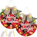 2 Sets Merry Christmas Wreaths Hanging Sign Wooden Buffalo Plaid Decorations, Welcome Wreath Sign for Front Door with Light for Farmhouse Porch and Kitchen Happy New Years Decorations