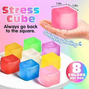 8 Pcs Stress Cube Bulk Ice Cube Stress Ball Anxiety Relief Soft Squeeze Sensory Ball for Party Favors Prizes Goodie Bag Stuffers (Pink,Blue,Green,Orange)