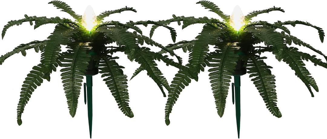 2 Pack Artificial Plants Outdoor with Solar Lights, 27" Large Prelit Boston Ferns with Spike Pathway Light, Realistic Fake Ferns for Yard Patio Garden Walkway Sidewalks Landscape Decor