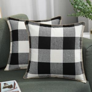 decorUhome Buffalo Plaid Check Throw Pillow Covers 18x18 Set of 2, Outdoor Decorative Farmhouse Neutral Pillow Covers with Stitched Edge for Bed Couch Sofa, Black and White